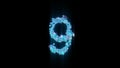 Blue diamonds or frozen ice number 9 on black bg, isolated - object 3D rendering