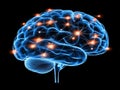 Blue digital brain with bright synaptic pathways visualizing cognitive computing AI development and neurological connections