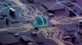 Blue digital brain on a computer chip with binary code and circuit board artificial intelligence Royalty Free Stock Photo