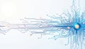 Blue digital circuit board lines connect forming network. Futuristic tech pattern shows glowing central node, data flow. Clean Royalty Free Stock Photo