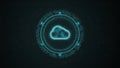 Blue digital cloud computing logo and data stroage system with rotation HUD circle technology interface and futuristic elements