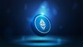 Blue digital cryptocurrency banner. 3D coin of Ethereum on a dark blurred background