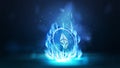 Blue digital cryptocurrency poster with 3D coin of Ethereum in fire flame on a dark blurred background