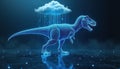 Blue digital dinosaur stands under cloud data rain. Futuristic T-Rex model with binary code falling like water. Cybernetic Royalty Free Stock Photo
