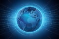Blue digital Earth surrounded by binary codes and abstract lines Royalty Free Stock Photo