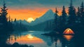 Scenic Sunset Mountain Lake Campsite Tent Nature Landscape Illustration Art Blue Trees Water Night Royalty Free Stock Photo