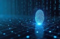 Blue digital fingerprint glowing on circuit board with binary code stream. Biometric scan identifies user for access security. Royalty Free Stock Photo