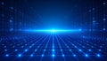 Blue digital grid with glowing dots receding into light Royalty Free Stock Photo