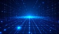 Blue Digital Grid with Glowing Particles and Light Rays Royalty Free Stock Photo