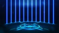 Blue digital hologram of podium with digital rings and cross in dark room with wall of line vertical neon lamps on background