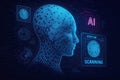 Blue digital human head profile formed by fingerprint patterns with A I and scanning interfaces biometric Royalty Free Stock Photo