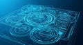 Blue digital interface with circular graphs and data lines technology Royalty Free Stock Photo