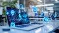 Blue Digital Interface on Laptop Screen with Glowing Icons in Modern Office Royalty Free Stock Photo