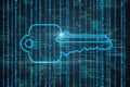 Blue digital key on coding language background. Technology and web access concept. 3D Rendering Royalty Free Stock Photo