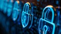 Digital locks glowing in blue against a backdrop of binary code representing data security Royalty Free Stock Photo
