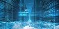 Blue digital matrix environment with cloudscape background, tranquil, dramatic scene, moody atmosphere, sharpened details,