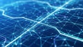 Blue digital network of interconnected glowing white lines and nodes forming a complex geometric pattern Royalty Free Stock Photo