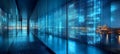 Blue Digital Network Visualization On Glass Walls Of Modern Interior Corridor, Abstract Background Royalty Free Stock Photo