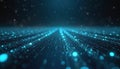 Blue digital particles flow across dark scene. Glowing dots form lines, creating abstract tech network or data stream background. Royalty Free Stock Photo