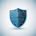 Blue Digital Protection Shield Icon with Integrated Circuit Board Design Royalty Free Stock Photo