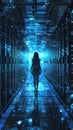 Blue digital silhouette in a forest of server racks the embodiment of a networked consciousness Royalty Free Stock Photo