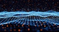 Blue digital wave grid pattern with glowing dots and particles on dark blue background in futuristic technology concept Royalty Free Stock Photo