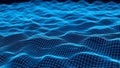 Blue digital wireframe landscape with glowing grid lines and wavy surface Royalty Free Stock Photo