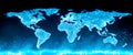 A digital world map illuminated in blue with a dark background showing global connectivity Royalty Free Stock Photo