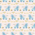 Blue dino and birds in a seamless pattern Royalty Free Stock Photo