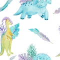 Blue dinosaur clip-art with tropical leaves watercolor seamless pattern