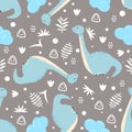 Seamless pattern with cute blue dinosaur on gray background - vector illustration, eps Royalty Free Stock Photo