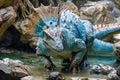 A blue dinosaur is standing in the water. Generative AI Royalty Free Stock Photo