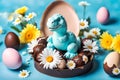 Blue Dinosaure chocolate easter eggs and spring colored daisy flowers Royalty Free Stock Photo