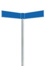 Blue direction road signs, two empty blank signpost signages, isolated directional roadside guidepost pointer copy space, white