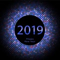 Blue discoball New Year 2019 greeting poster. Happy New Year circle disc with particle. Glitter gray dot pattern. Vector