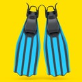 Blue diving flippers isolated on yellow. 3d render of snorkeling equipment