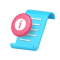 3d Realistic Icon Blue Document Sheet With Pink Information Button Symbol Royalty Free Stock Photo