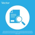 Blue Document with search icon isolated on blue background. File and magnifying glass icon. Analytics research sign Royalty Free Stock Photo