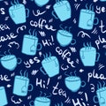 Blue doddle hot drink vector seamless pattern