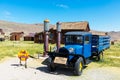 Blue Dodge Graham 1927 parked outdoor near vintage Shell gas station at Bodie State Historic Park