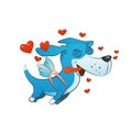 Blue dog in love jumping with hearts around