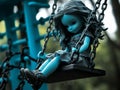 blue doll sits on a swing on iron chains