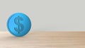 Blue dollar coin Isolated on gray light background. 3d render isolated illustration, business, managment, risk, money, cash,