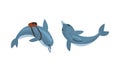 Blue Dolphin Character Floating with Backpack Vector Set