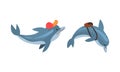 Blue Dolphin Character Floating with Cap and Backpack Vector Set