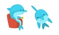 Blue Dolphin Character Floating and Drinking Tea in Armchair Vector Set