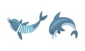 Blue Dolphin Character Floating in Striped Vest Vector Set