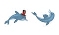 Blue Dolphin Character Floating in Top Hat Vector Set