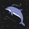 Blue dolphin flying in the night starry sky. delphinus constellation. Royalty Free Stock Photo