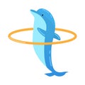 Blue dolphin jumping through the orange ring. Vector illustration isolated on white background Royalty Free Stock Photo